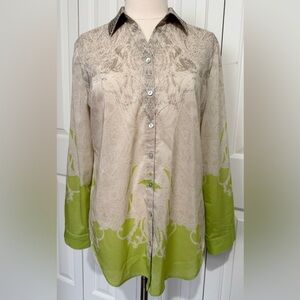 Chico’s Sheer Paisley Print Long Sleeve Blouse Tan Cream Lime Sequins SZ 1 NWOT